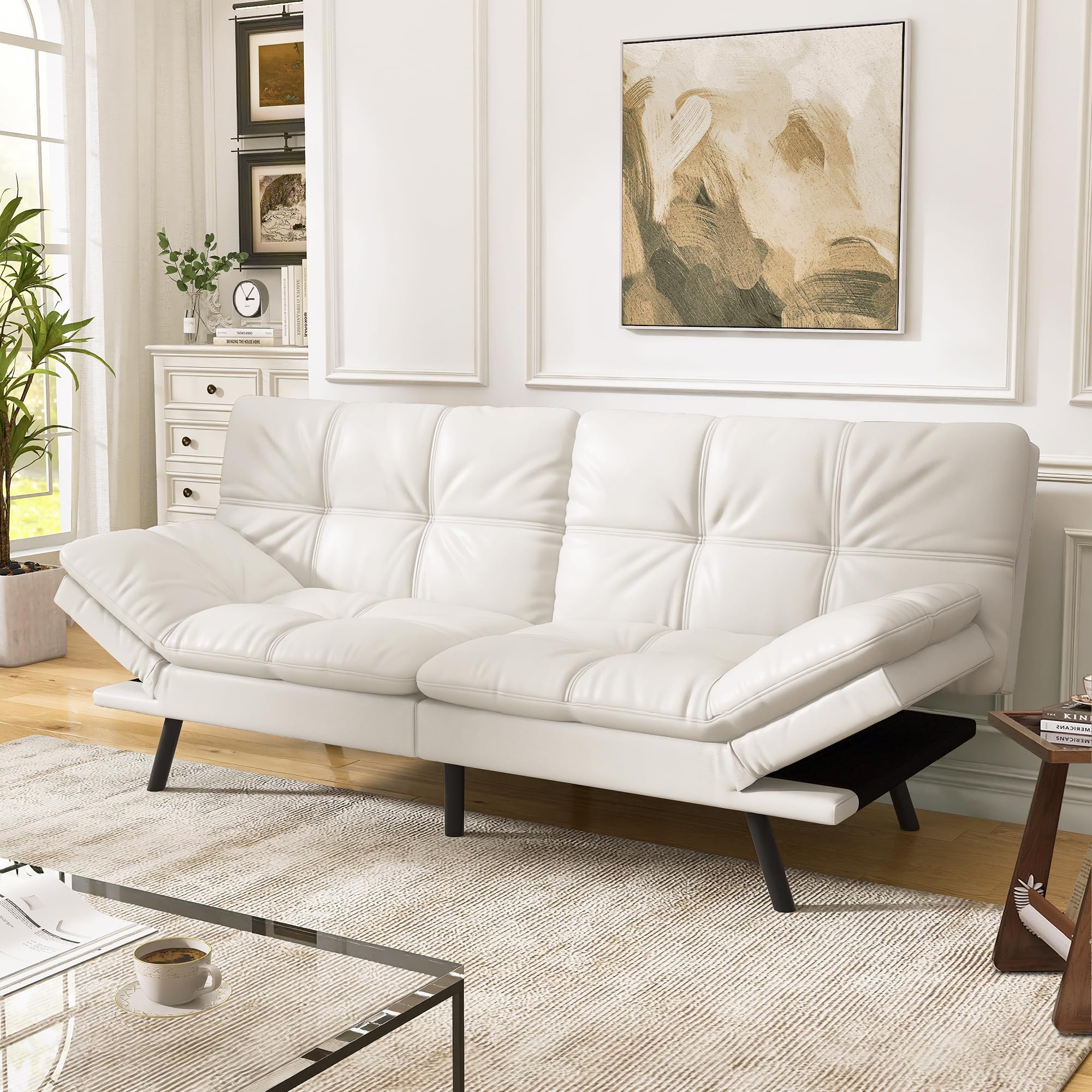 Convertible Faux Leather Futon Sofa Couch,Memory Foam Futon Couch Bed,Loveseat Sleeper Sofa Bed,Small Splitback Modern Folding Sofa Bed for Living Room,Office,Apartment,Matte Black