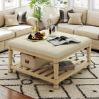 Large Square Ottoman Coffee Table, Linen Solid Upholstered Footrest Ottoman with Solid Wood Shelf Storage Tufted Coffee Table for Bedroom Living Room-Ivory