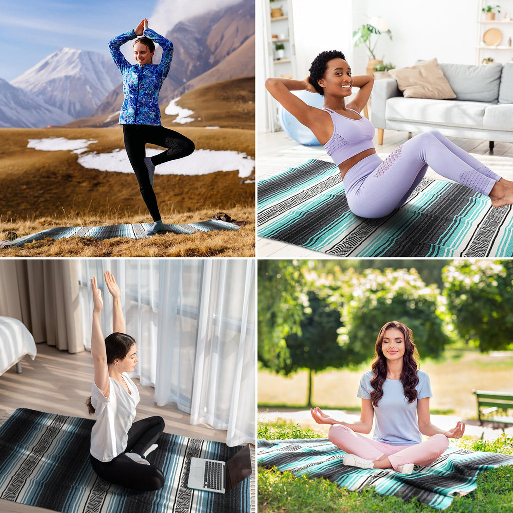 Preboun 4 Pcs Large Mexican Yoga Blanket Pack 45 x 70 Inch Thick Woven Camping Picnic Beach Car Travel Throw Blanket Outdoor Patio Mat Towel(Sky Blue, Light Green)