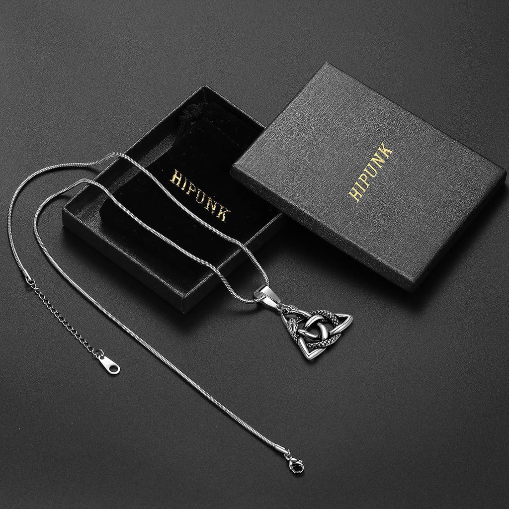 Celtic Knot Necklace Viking Pendant - Celtic Norse Triple Odin Horns Crescent Moon of Oden Horn Necklace Mens 316L Stainless Steel Triskelion Amulet Pewter Tribal Protection Viking Triskele Jewelry