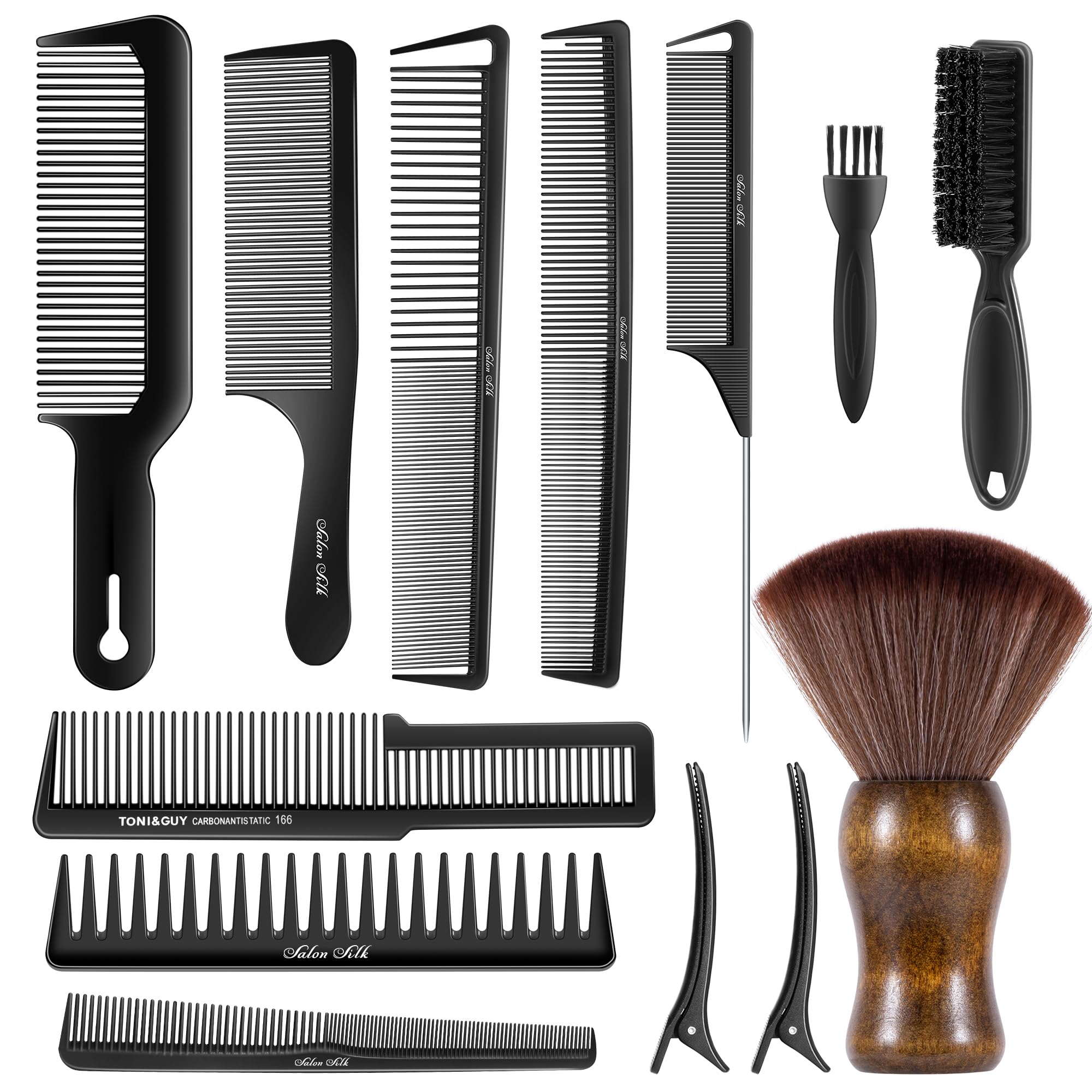 SALONSILK 13PCS Hair Cutting Comb Set, Professional Barber Combs for Hair Stylist, Premium Grade Barber Brush Neck Duster, Fading Comb Barber Clipper Comb - Grand Goldman