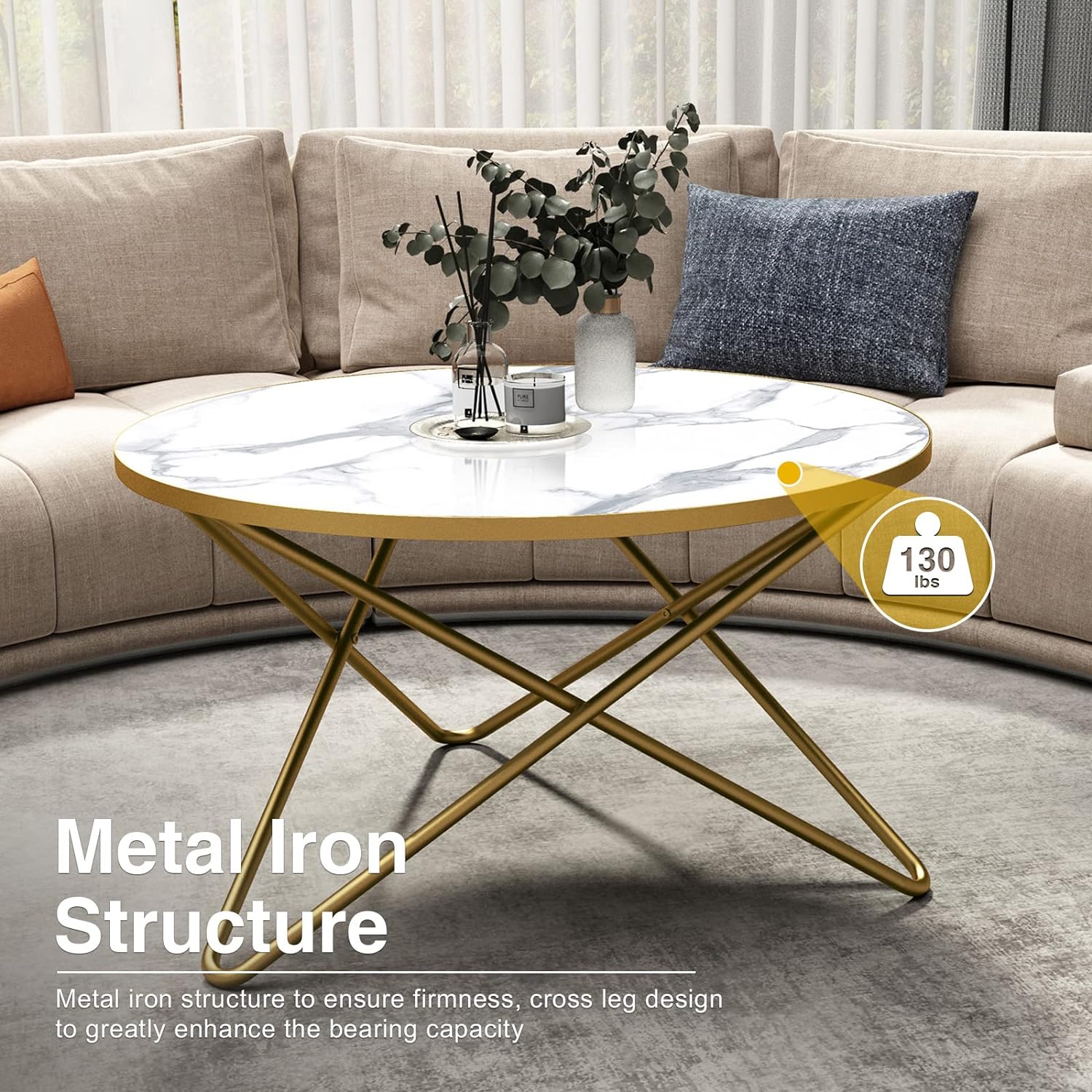 HLR Round Coffee Table with White Faux Marble Top