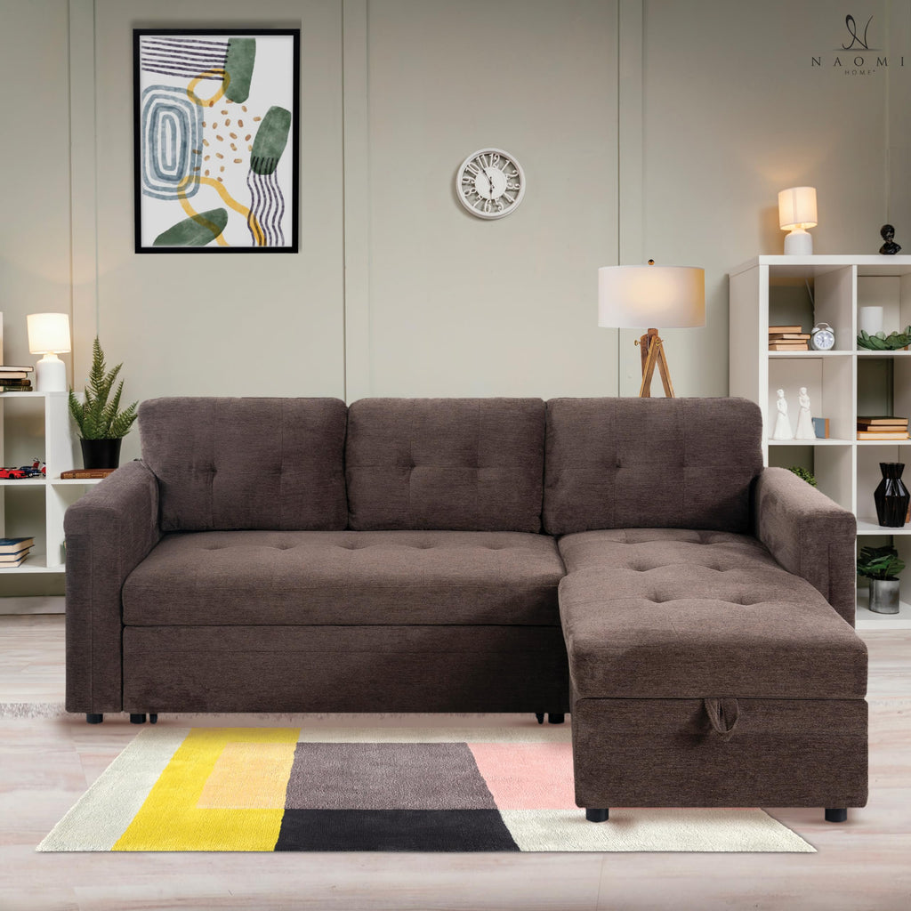 Naomi Home Lily Sectional Sleeper Sofa with USB Ports-L-Shaped Couch Convertible Pull-Out Bed, Ample Storage, Timeless Design, Sturdy Construction, Long-Lasting for Modern Living, Gray, Air Leather