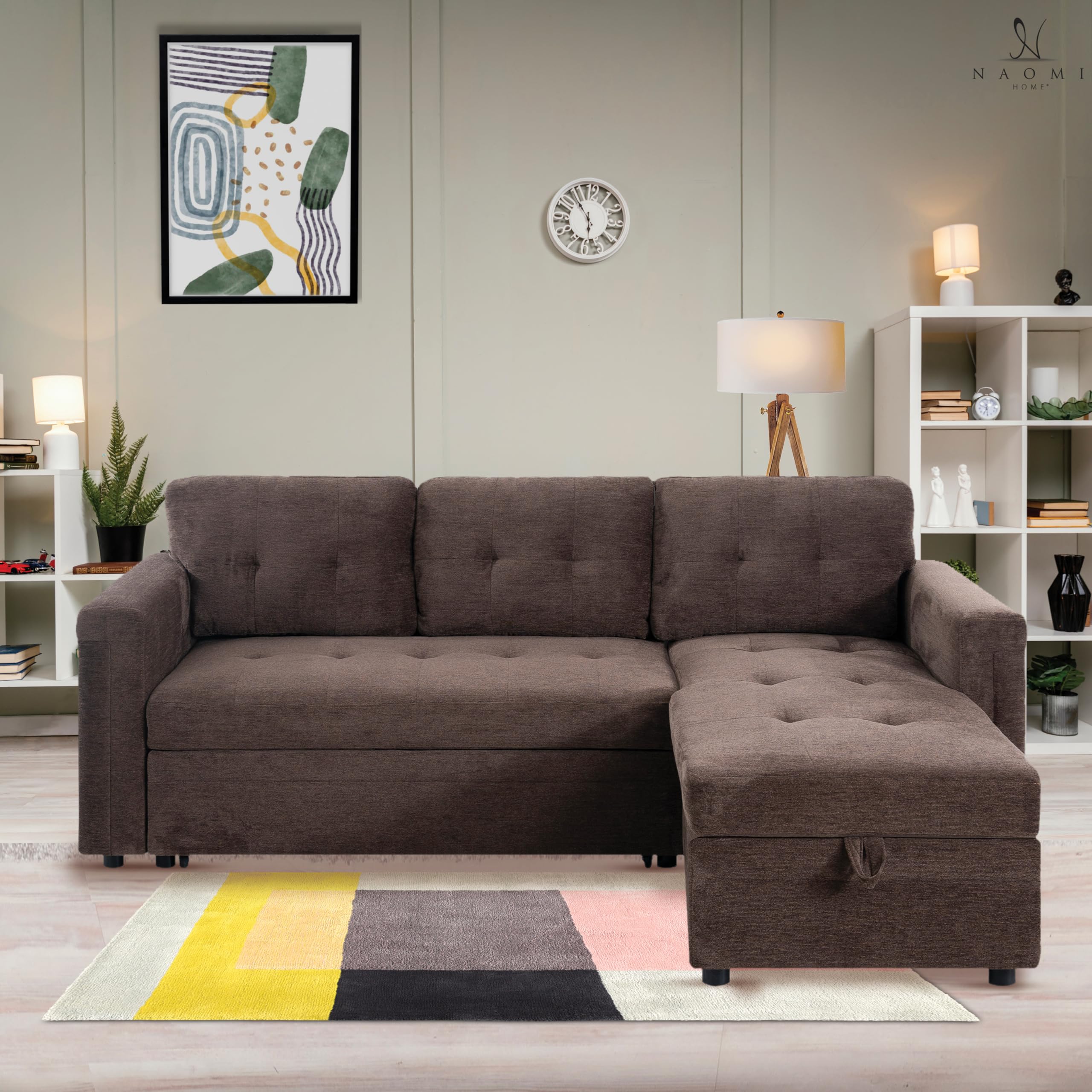 Naomi Home Lily Sectional Sleeper Sofa with USB Ports-L-Shaped Couch Convertible Pull-Out Bed, Ample Storage, Timeless Design, Sturdy Construction, Long-Lasting for Modern Living, Gray, Air Leather