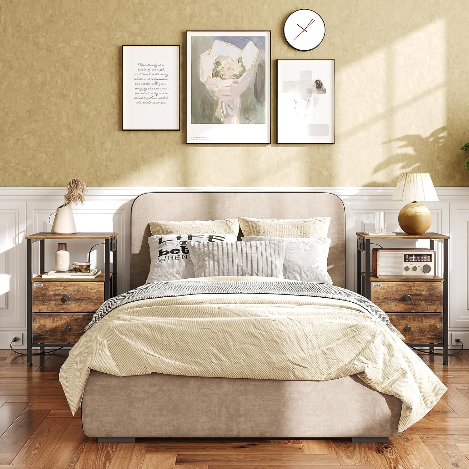 Nightstand Set 2, End Tables with Charging Station, Side Table with 2 Non-Woven Drawers, Bed Side Coffee Table for Small Spaces, Sofa, Dormitory, Living Room ET02L2BR