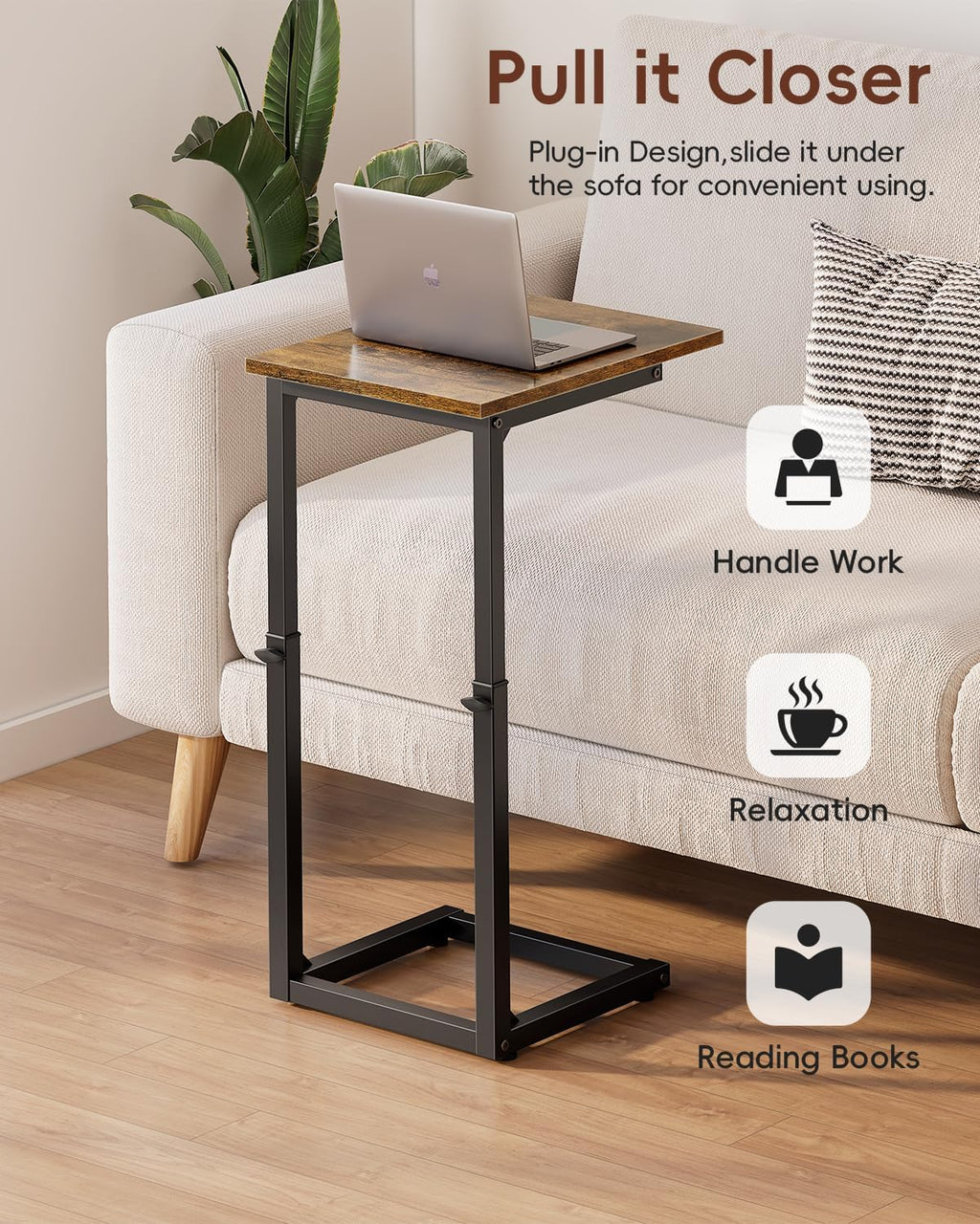 Vagusicc C Shaped End Table, 33" Tall Couch Table Adjustable Height Side Table, Sofa Table That Slide Under, C Table End Table TV Tray Coffee Arm Table for Living Room, Bedroom, Small Spaces, Brown