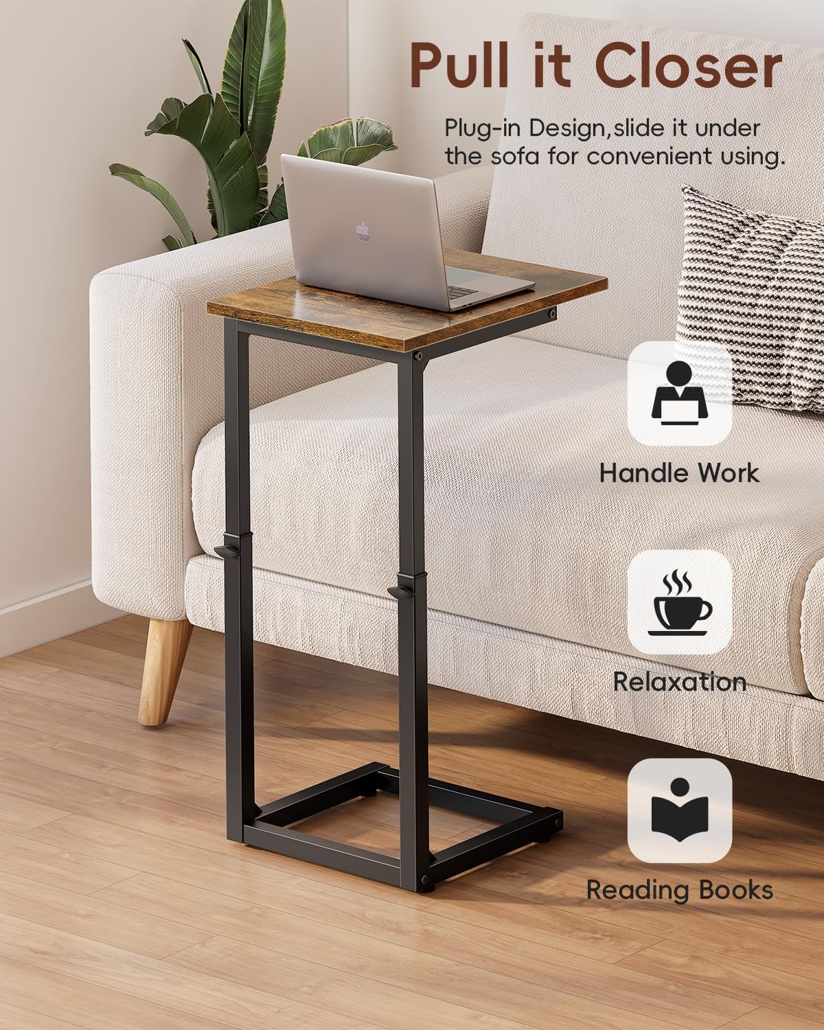 Vagusicc C Shaped End Table, 33" Tall Couch Table Adjustable Height Side Table, Sofa Table That Slide Under, C Table End Table TV Tray Coffee Arm Table for Living Room, Bedroom, Small Spaces, Brown