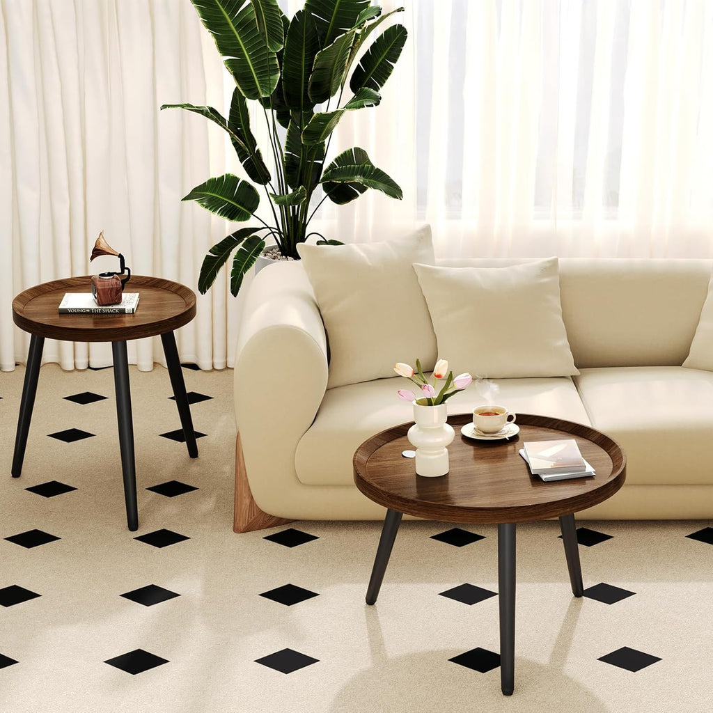 Small Round Coffee Table Set of 2, Walnut Coffee Tables for Living Room, Mid Century Modern Nesting Coffee Table, Wood Circle Center Tables, Black Wooden Side End Table, mesa de Centro para sala
