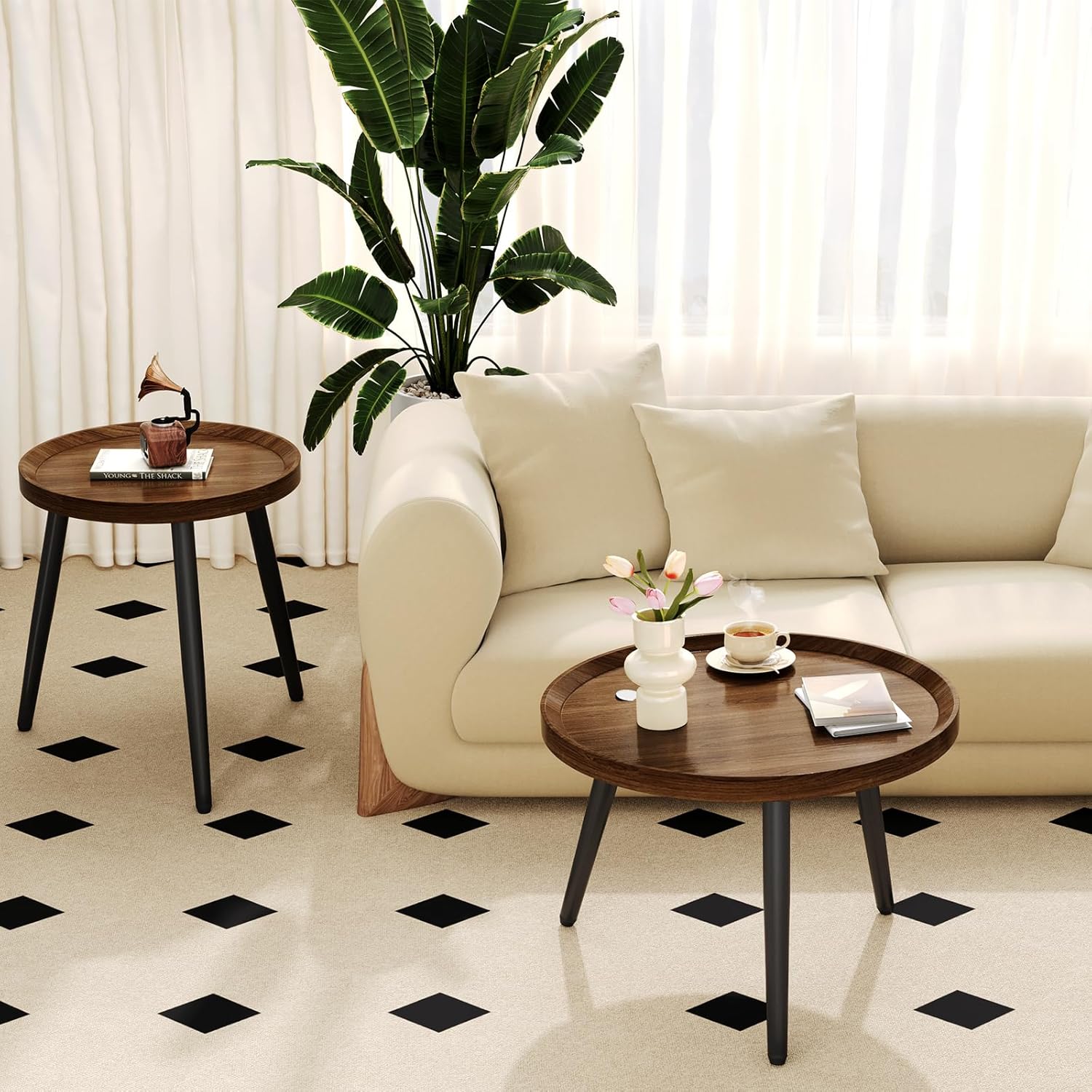 Small Round Coffee Table Set of 2, Walnut Coffee Tables for Living Room, Mid Century Modern Nesting Coffee Table, Wood Circle Center Tables, Black Wooden Side End Table, mesa de Centro para sala