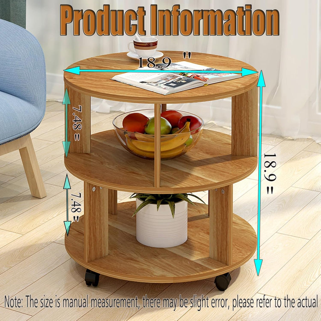 RNE Coffee Table with Wheels,Round Side Table with 2-Tier Storage Shelf,End Table Easy Assembly,Cocktail Table for Home Office