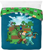 Jay Franco Kids Duvet Cover Set – 3 Piece Super Soft Bedding with Sham Pillowcase, Cover ONLY Comforter Not Included, Blue - Minecraft, Full