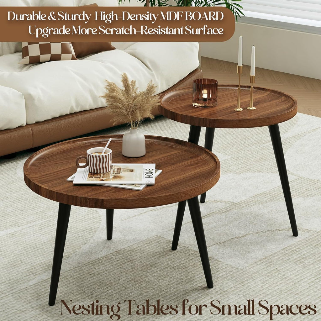 2 Pcs Mid Century Modern Coffee Table Round for Living Room,Easy Assembly Nesting Coffee Tables,Minimalist Circle Walnut Coffee Table for Bedroom Office Balcony Yard