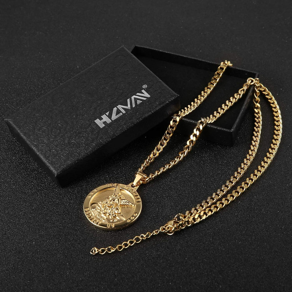 HZMAN St Michael The Archangel Catholic Medal Stainless Steel Amulet Pendant Necklace 22+2" Rolo Curb Chain