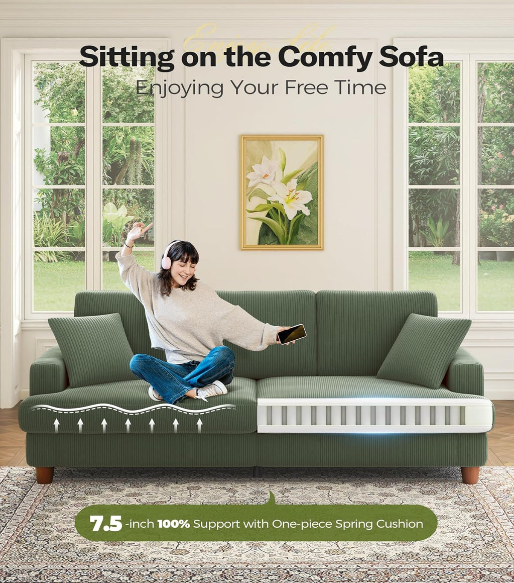 Kidirect 87in Green Sofa, Couches for Living Room 21in Extra Deep Seats, Comfy Corduroy Sofas for Living Room No Tool Assembly, Modern Oversized Love Seat with 2 Pillows, Sofa Couch for Bedroom