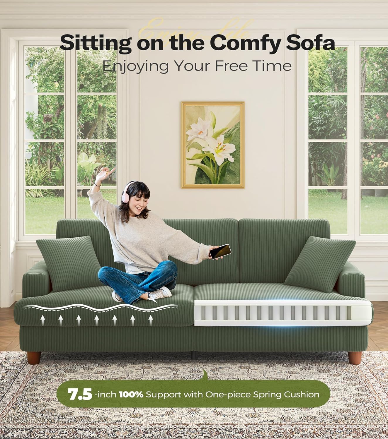 Kidirect 87in Green Sofa, Couches for Living Room 21in Extra Deep Seats, Comfy Corduroy Sofas for Living Room No Tool Assembly, Modern Oversized Love Seat with 2 Pillows, Sofa Couch for Bedroom