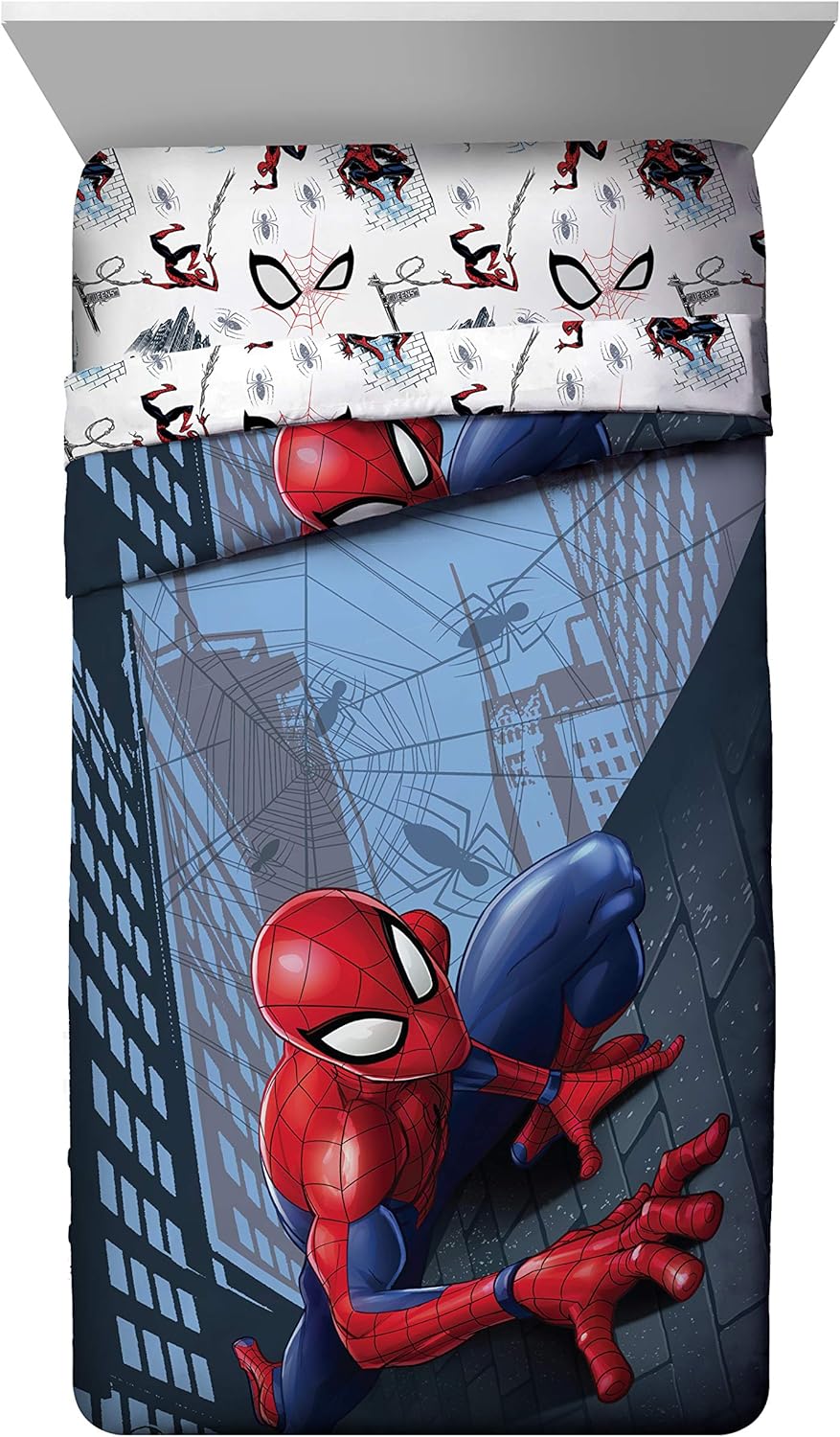 Jay Franco Marvel Spiderman Crawl 4 Piece Twin Bed Set - Includes Reversible Comforter & Sheet Set Bedding - Fade Resistant Microfiber - (Official Marvel Product), Multi - Spiderman