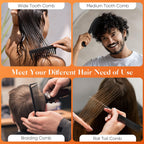مجموعه ۴ عددی شانه حرفه‌ای SALONSILK، شانه‌های دندانه‌دار پهن، دندانه‌دار باریک و دم موش، مناسب برای بافت، کوتاهی، آرایشگری، حالت‌دهی و تقسیم موهای فر برای مردان و زنان