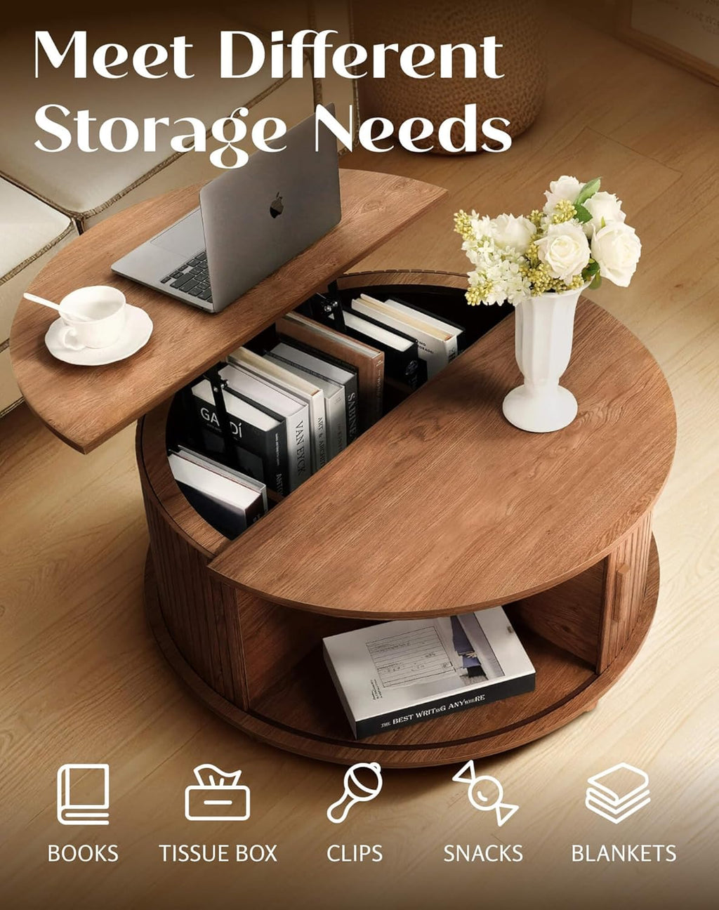 Round Lift Top Coffee Table with Storage, Mid Century Modern Center Table with 180° Sliding Tambour Door, Small Circle Wood Fluted Dining Table for Living Room, Walnut