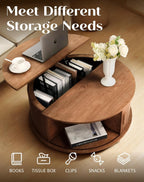 Round Lift Top Coffee Table with Storage, Mid Century Modern Center Table with 180° Sliding Tambour Door, Small Circle Wood Fluted Dining Table for Living Room, Walnut