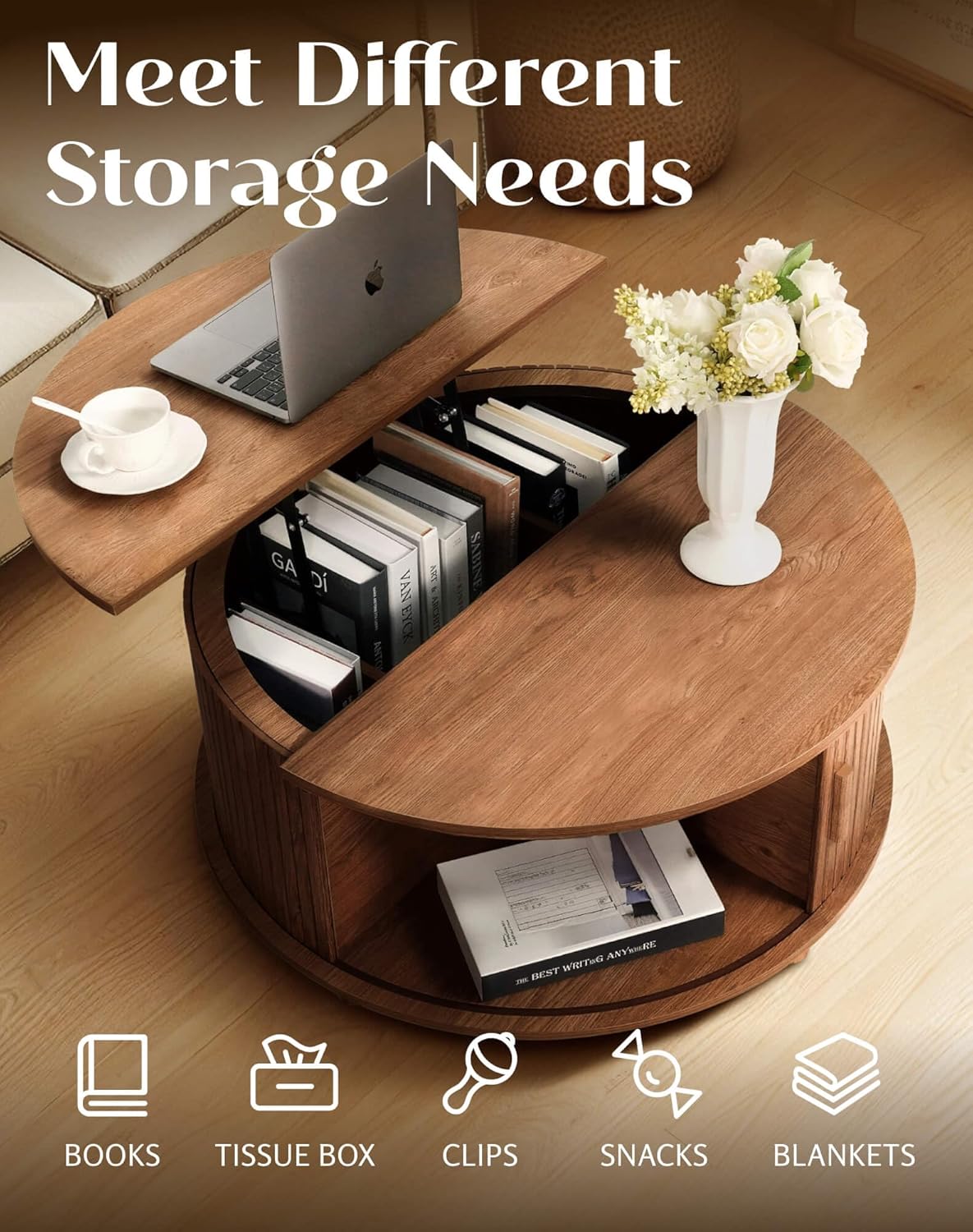 Round Lift Top Coffee Table with Storage, Mid Century Modern Center Table with 180° Sliding Tambour Door, Small Circle Wood Fluted Dining Table for Living Room, Walnut