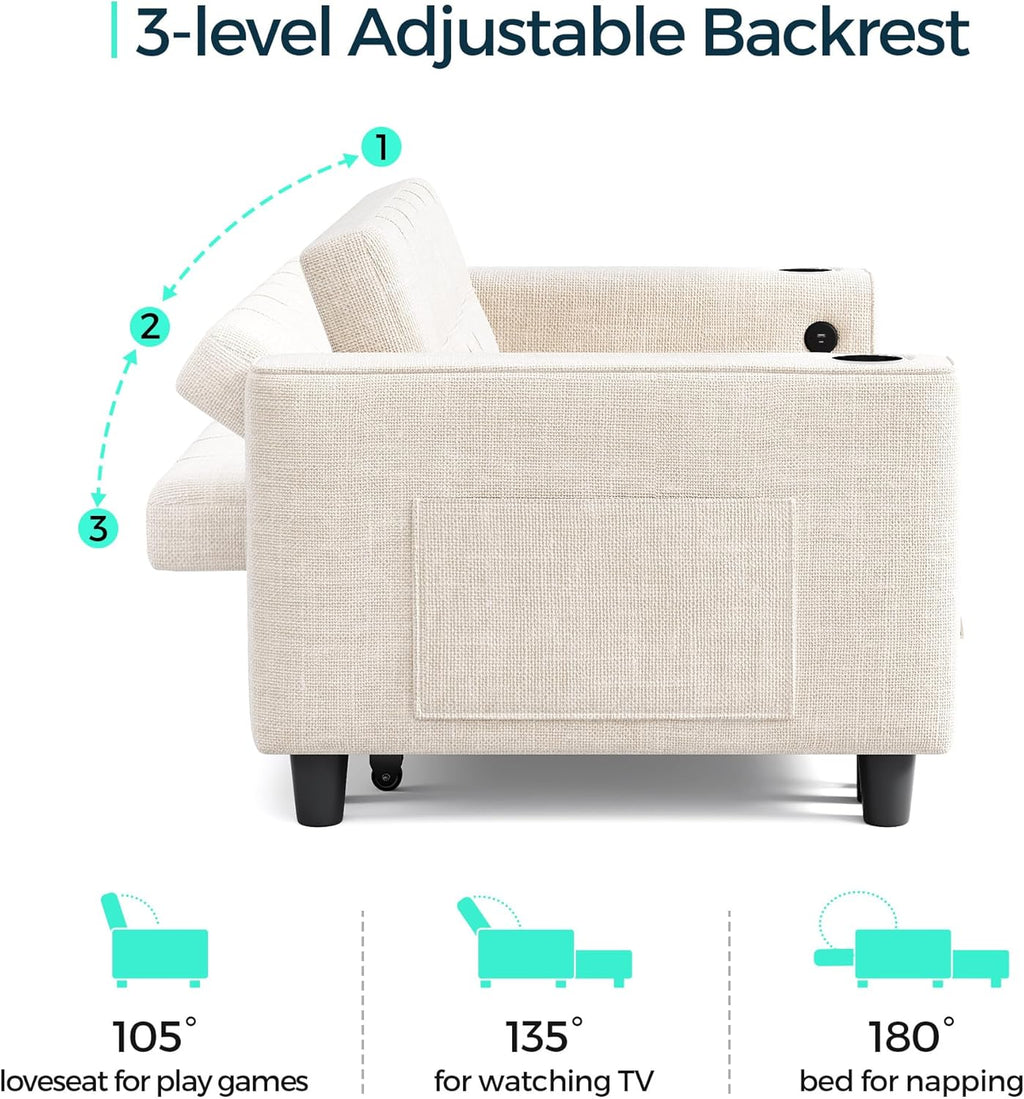 LINSY 3-in-1 Convertible Sofa Bed, Pull Out Sleeper Sofa with Charging Station & Cup Holder, Folding Loveseat with Side Pocket for Living Room, Apartment (Beige)