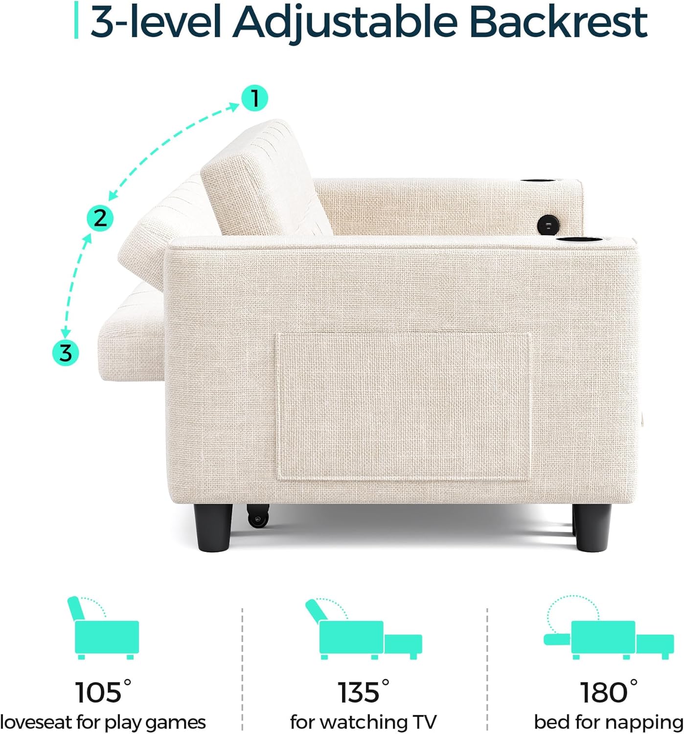 LINSY 3-in-1 Convertible Sofa Bed, Pull Out Sleeper Sofa with Charging Station & Cup Holder, Folding Loveseat with Side Pocket for Living Room, Apartment (Beige)