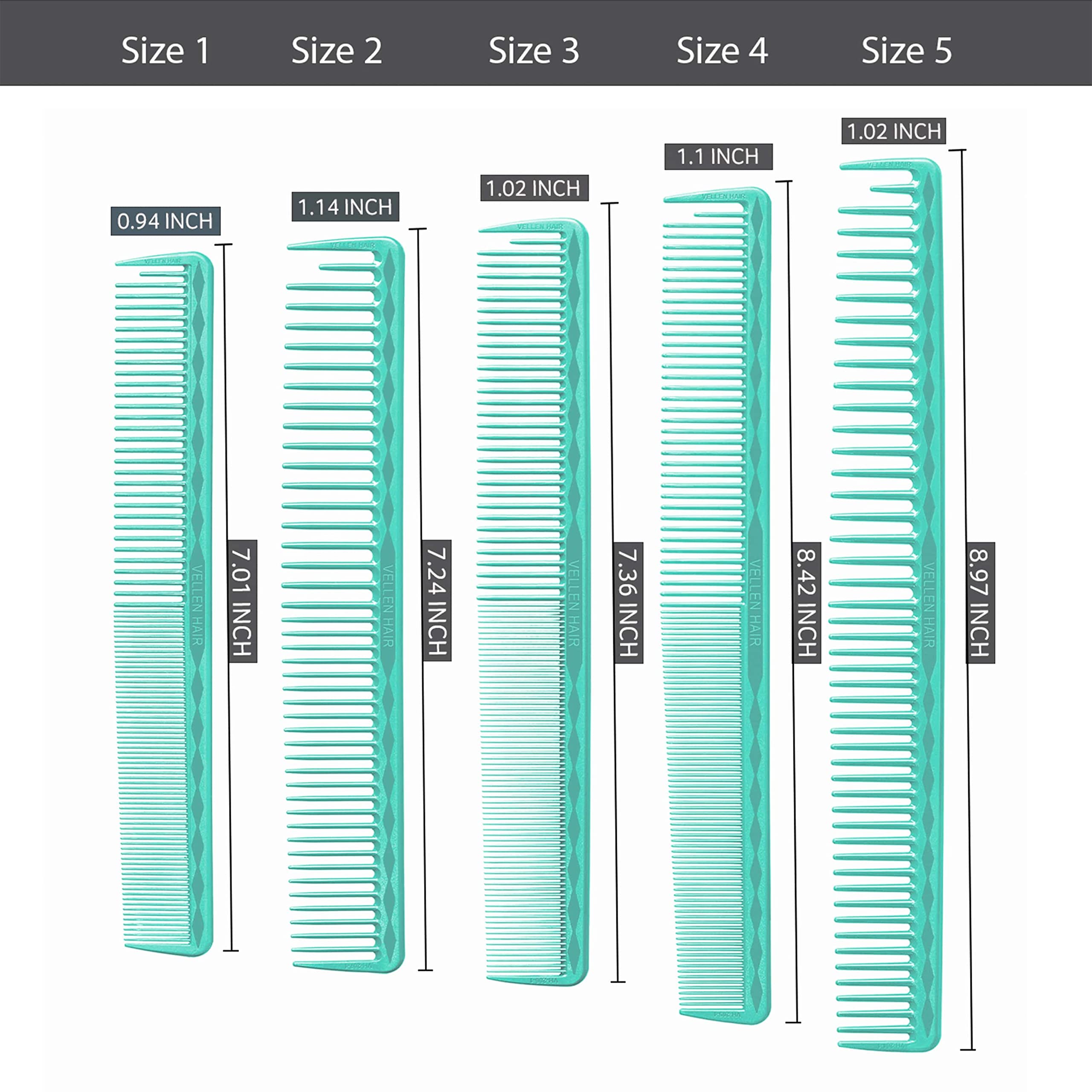 Vellen Hair Ultimate Cutting Comb for Men Women, Unbreakable PEI Material 430°F Heat Resistant Barber combs for Hairdressers , Combs fine teeth and extra wide tooth combs for Hair Stylist , 5-pack