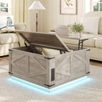 Rustic Grey Farmhouse Lift-Top Coffee Table: Square Wood Center Table with Hidden Storage Compartment, Floating LED Lights & USB-C Charging Station - Living Room Furniture