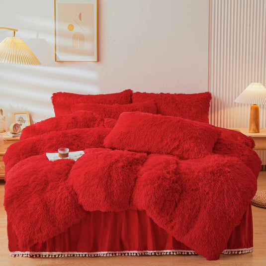 Fluffy Pink Faux Fur Comforter Cover Set，Fluffy Fuzzy Plush Pink Bedding 3Pcs (1 Faux Fur Duvet Cover +2 Fuzzy Pillowcases) Pink Fluffy Bed Set (Pink, Queen)