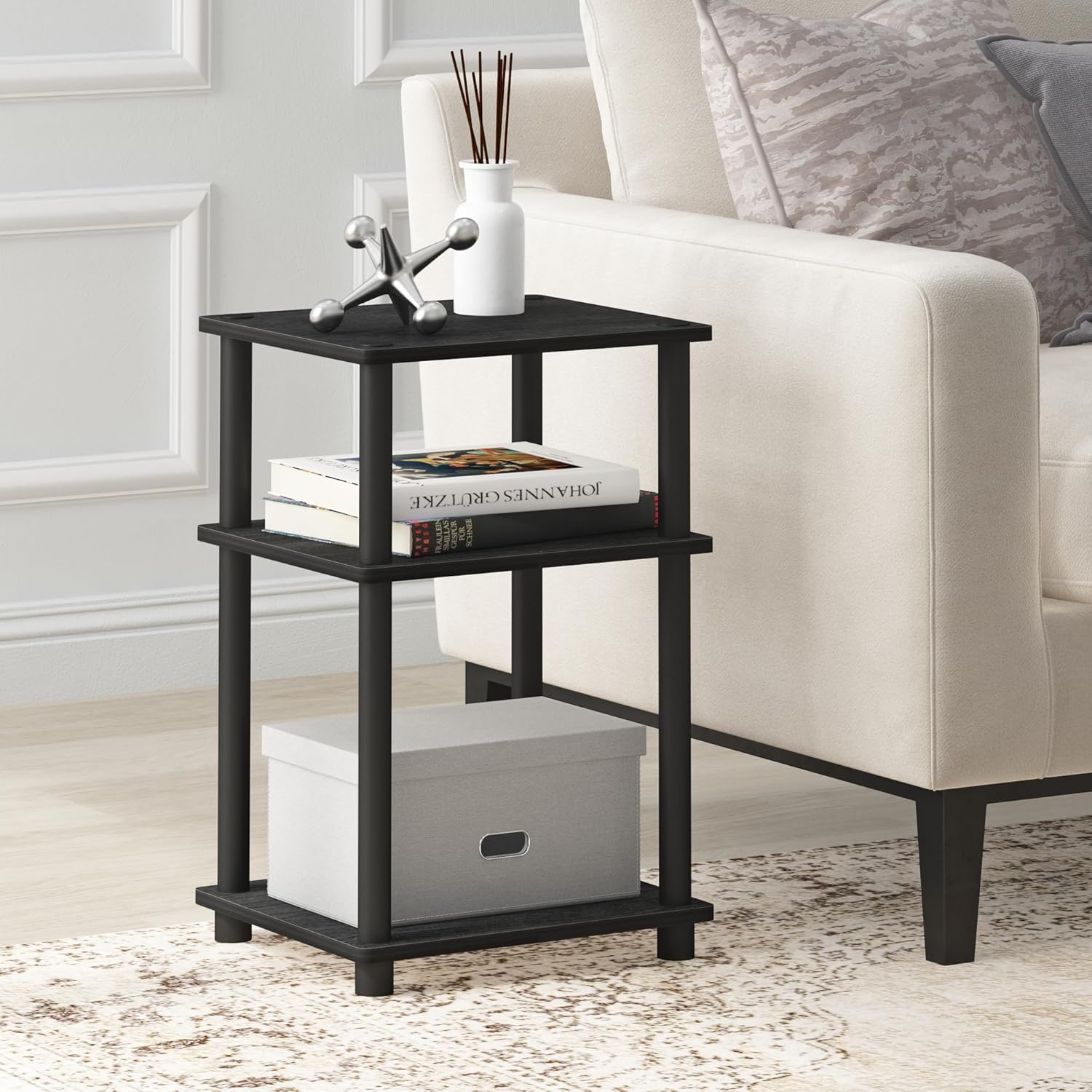 Furinno JUST Side Table, 3-Tier End Table, Open Shelves Night Stand, Bedside Table, Toolless Assembly, for Living Room, Bedroom, Bathroom, Americano