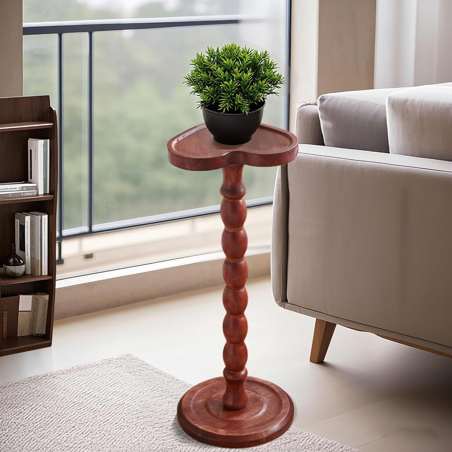 24" Tall Solid Wood Round Side Table – Coffee Table & Plant Stand 2-in-1 with Non-Slip Pads – Farmhouse Living Room/Patio Use (Red)