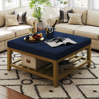 Large Square Ottoman Coffee Table, Linen Solid Upholstered Footrest Ottoman with Solid Wood Shelf Storage Tufted Coffee Table for Bedroom Living Room, Linen