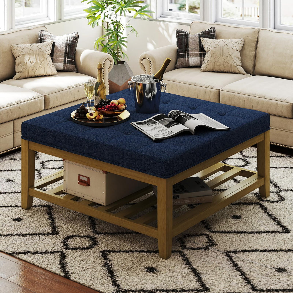 Large Square Ottoman Coffee Table, Linen Solid Upholstered Footrest Ottoman with Solid Wood Shelf Storage Tufted Coffee Table for Bedroom Living Room-Ivory