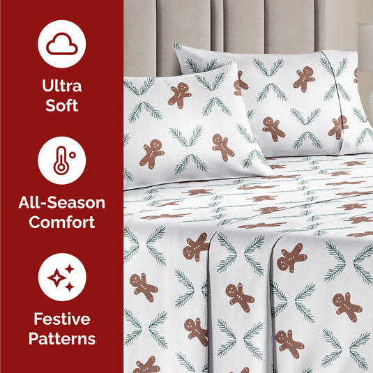 King Christmas Tree Sheet Set - Holiday Xmas Pattern Linen Set - Deep Pockets - Snug Fit - 4 Piece - Wrinkle Free - Comfy & Cooling Festive Winter Bedding - Easy To Care For - Kid Friendly