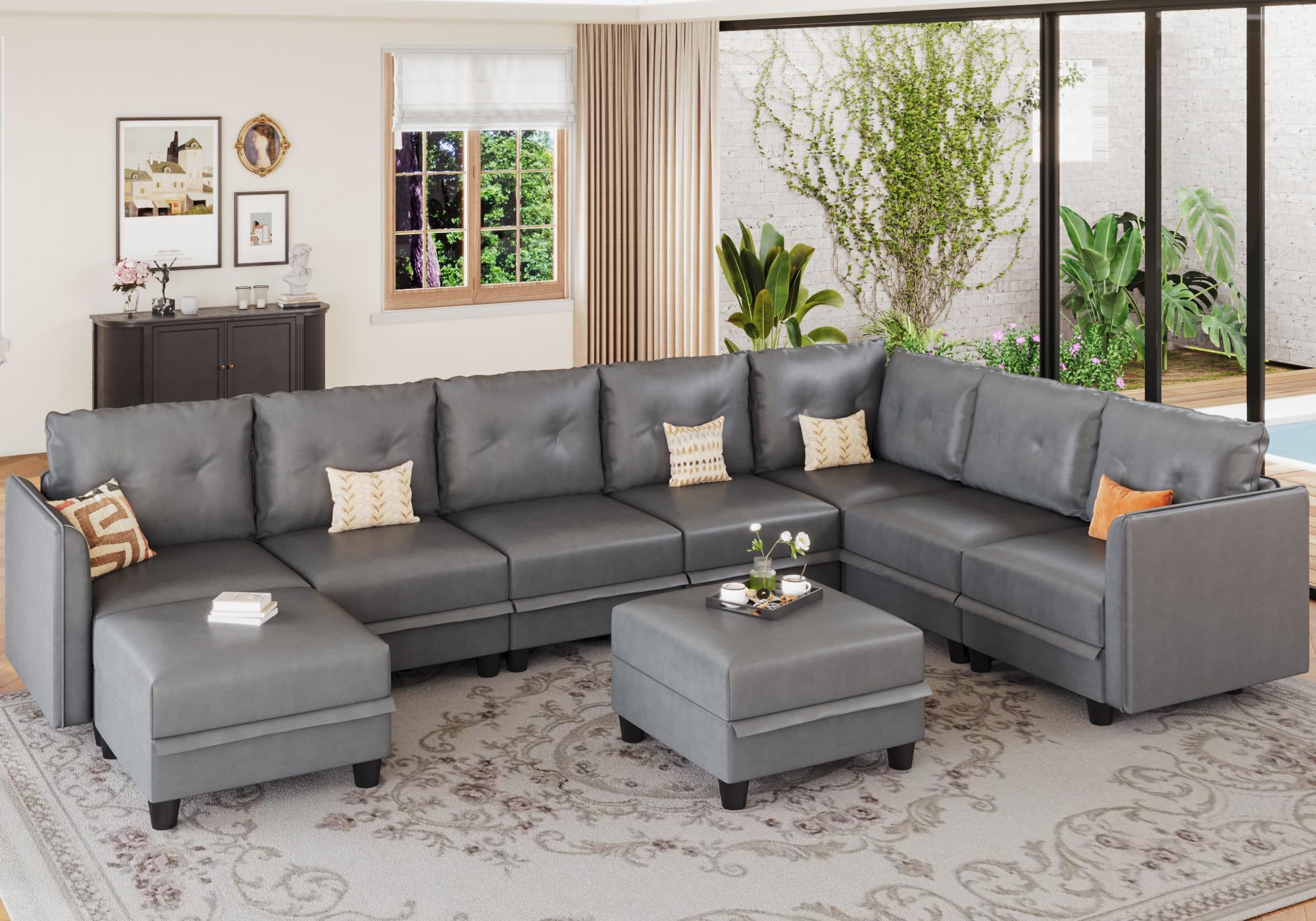 LLappuil Modular Sectional Sofa, Oversized U Shaped Sofa with Storage, Sectional Couch for Living Room, Faux Leather Fabric Waterproof Sofa, 7 Seats with Ottoman, Dark Grey