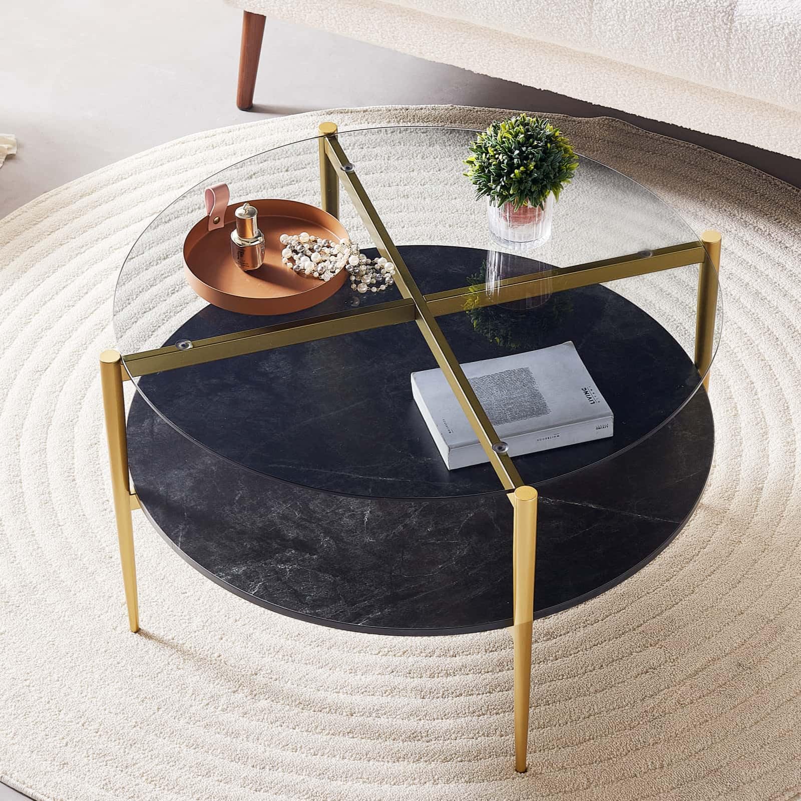 Extra Large Round Coffee Table, Mid-Century Modern Design, D34 x H17 in, for Living Room, 2-Tier Structure, Amber Glass Top and Walnut MDF Shelf, Sleek Conical Metal Legs with Gold Finish