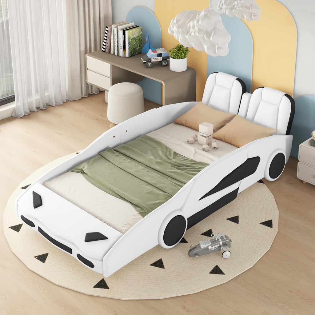 Tweepersoons Autobedd Frame voor Jongens, Raceauto Bed met Wielen, Kinder Tweepersoons Autobed, Raceauto-vormig Kinder Tweepersoons Bed met Veiligheidsbeugel, Wit