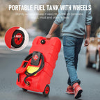 15 Gallon Gas Can, Fuel Tank Container with LE Fluid Transfer Manual Siphon Pump & 10FT Hose, Portable Diesel Gas Storage Caddy with Wheels for Car, ATV, Weeder, Boat, etc., Red