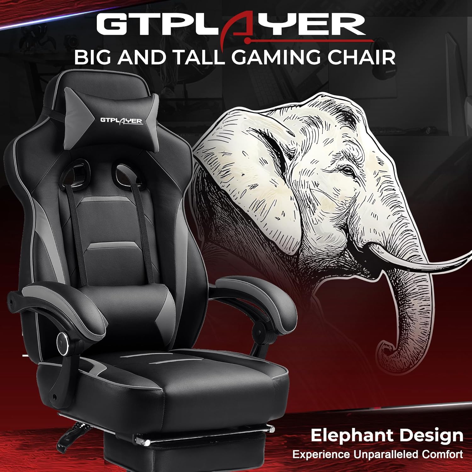 GTPLAYER Gaming Chair with Footrest, Big and Tall Computer Game Chair 350lb Racing Style, Ergonomic High Back Lumbar Support and Recliner, Moon Gray