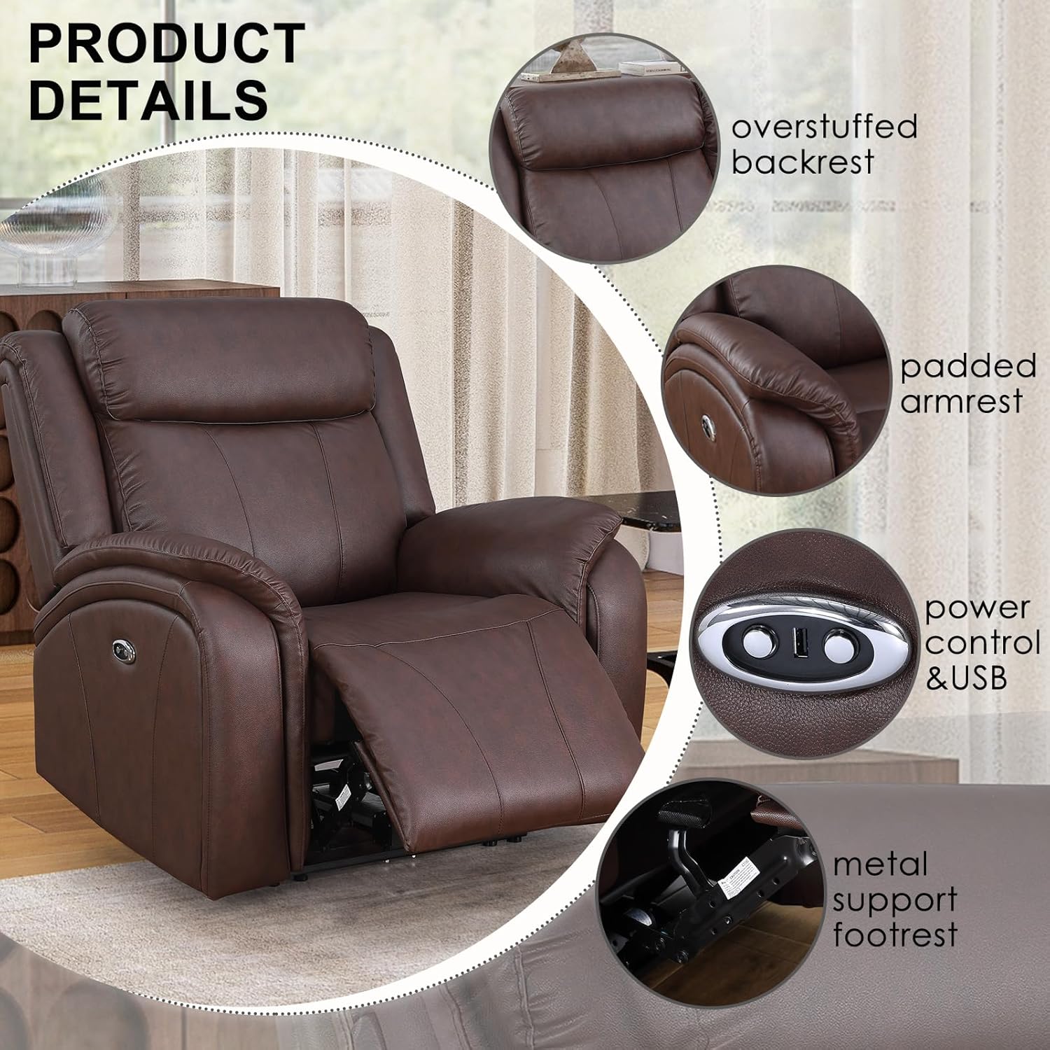 Power Recliner Sofa Set, 3 Piece Reclining Couch for Living Room, Brown Leather Home Theater Seating Recliner Couch Set with Storage and Cup Holders