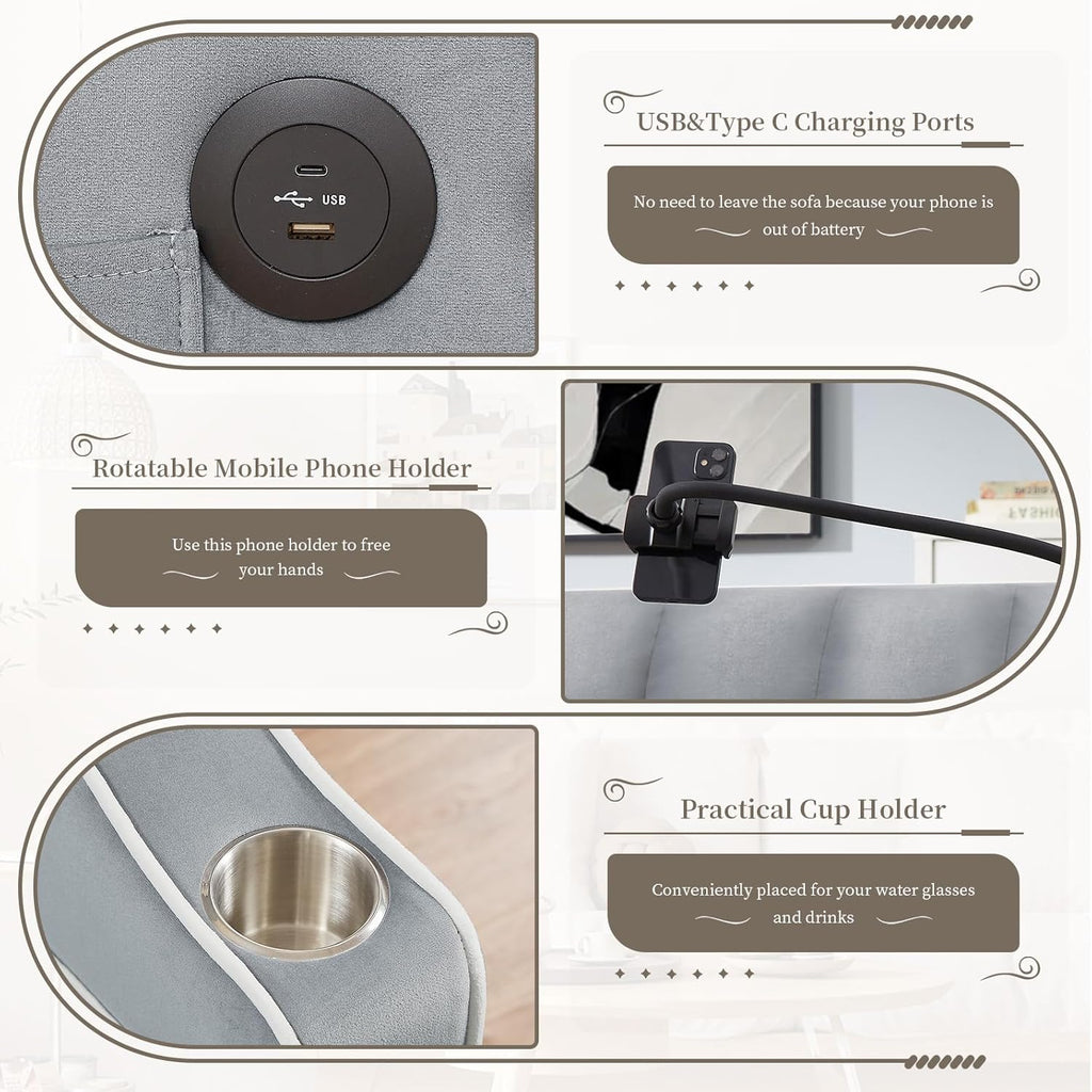 Convertible Single Sleeper Chair Bed,3 in 1 Velvet Futon Sleeper Sofa Bed with Phone Holder&USB Ports,Pull Out Couch Bed,Adjustable Recliner Armchair bed for Living Room,Office,Small Places(Grey)