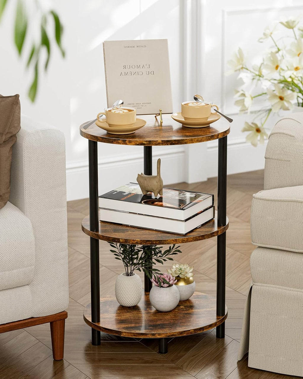 Small Round Side Table - 3-Tier Oval Accent Table for Small Spaces, Rustic Wood and Metal Couch End Table, Nightstand for Bedroom or End Table Living Room, Easy to Assemble, Rustic Brown