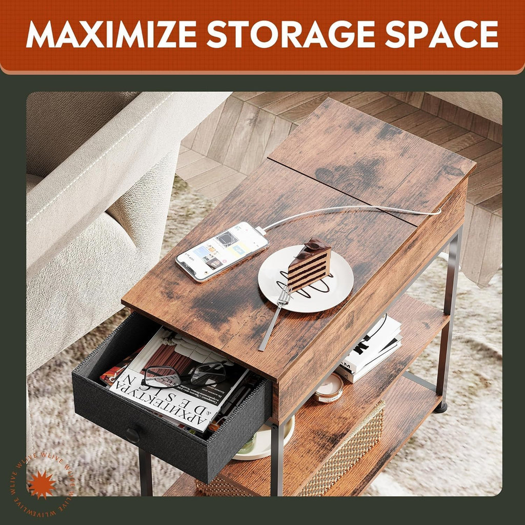 WLIVE Narrow Side Table with Charging Station, End Table for Living Room, Couch Side Table with Fabric Drawer for Bedroon, 11.8‘’W 23.6‘’L 24‘’H, Rustic Brown