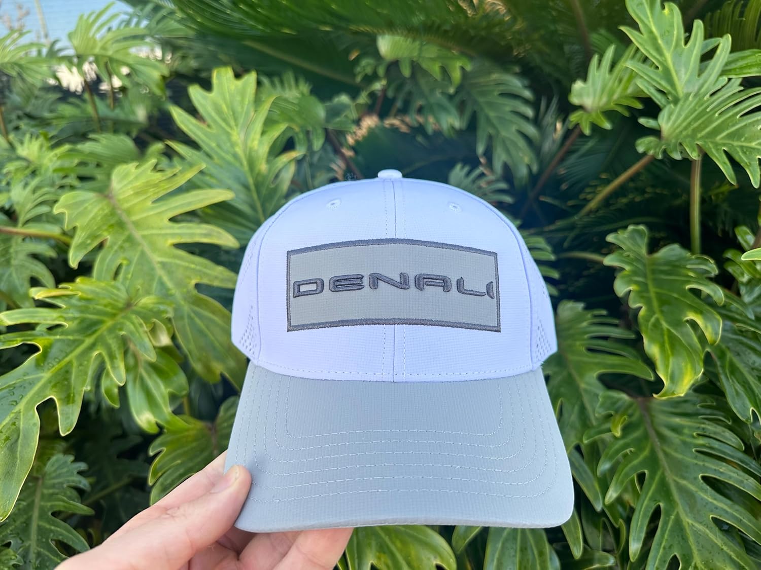GMC Denali Hat - Perforated White Nylon Structured Cap with Gray Visor - 3D Embroidered Logo Hook and Loop Closure
