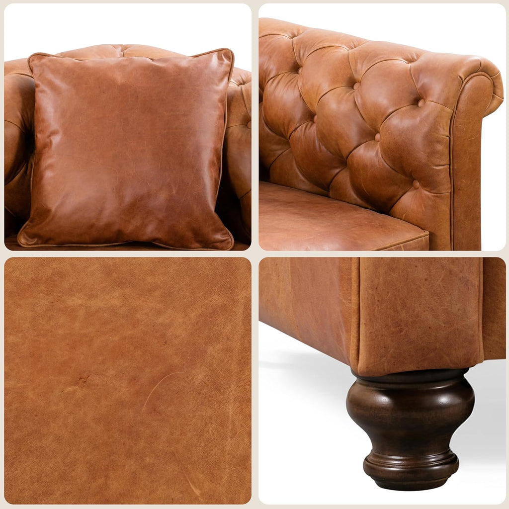 Poly & Bark Lyon Leather Couch - 87.4 Inch Sofa - Full-Grain Leather Sofa for Living Room with Feather-Down Topper - Living Room Couch - Vintage Italian Leather in Cognac Tan