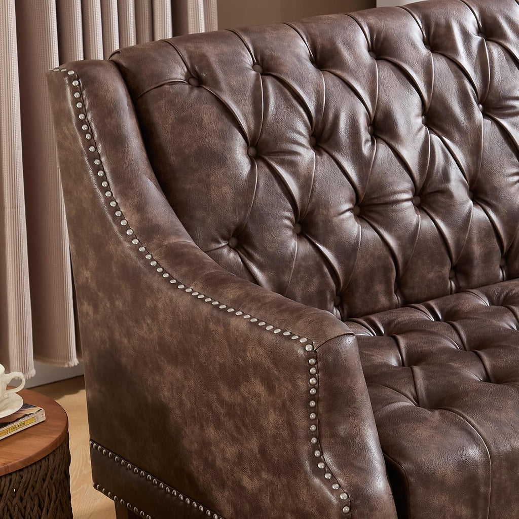 Faux Leather Sofa Couch, Button-Tufted 3-Seater Sofa with Armrest & Deep Seat, 74" Vintage Chesterfield Style Upholstered Loveseat Sofa for Living Room/Home Lounge Apartment, Deep Brown