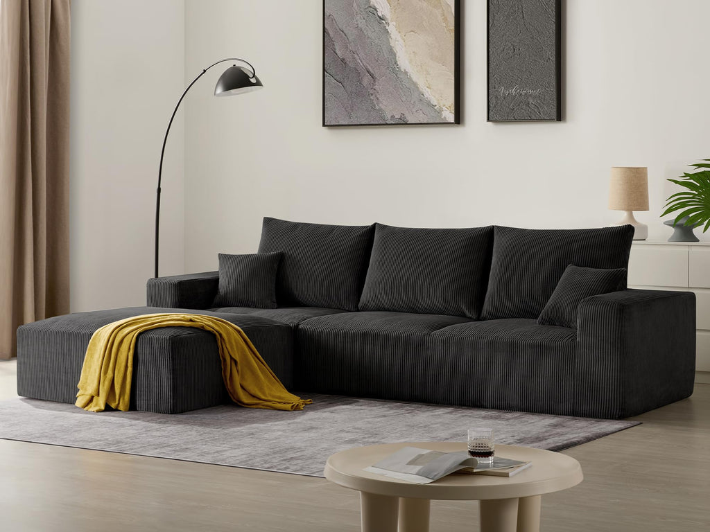 Sectional Cloud Boneless Sofa Couches for Living Room-113'' Beige 3 Seater U-Shaped Modern Lounge Couch-No Assembly Modular Corduroy Convertible Sponge Sleeper Sofas with Chaise for Home House