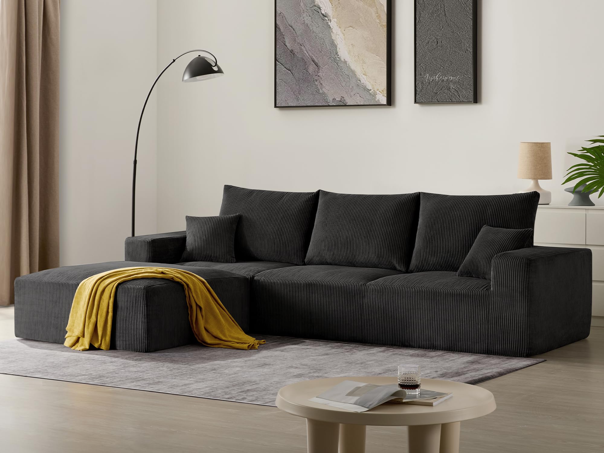 Sectional Cloud Boneless Sofa Couches for Living Room-113'' Beige 3 Seater U-Shaped Modern Lounge Couch-No Assembly Modular Corduroy Convertible Sponge Sleeper Sofas with Chaise for Home House