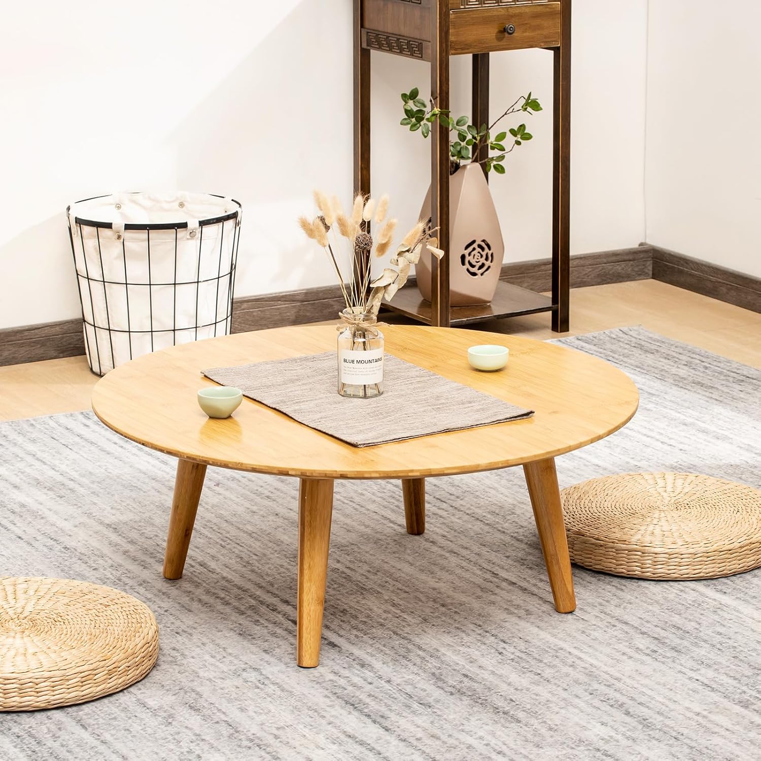Round Bamboo Small Coffee Table, Low Japanese Style Table for Living Room, Mid Century Circle Coffee Table, 23.6'' Sofa Side End Tables for Sitting on The Floor