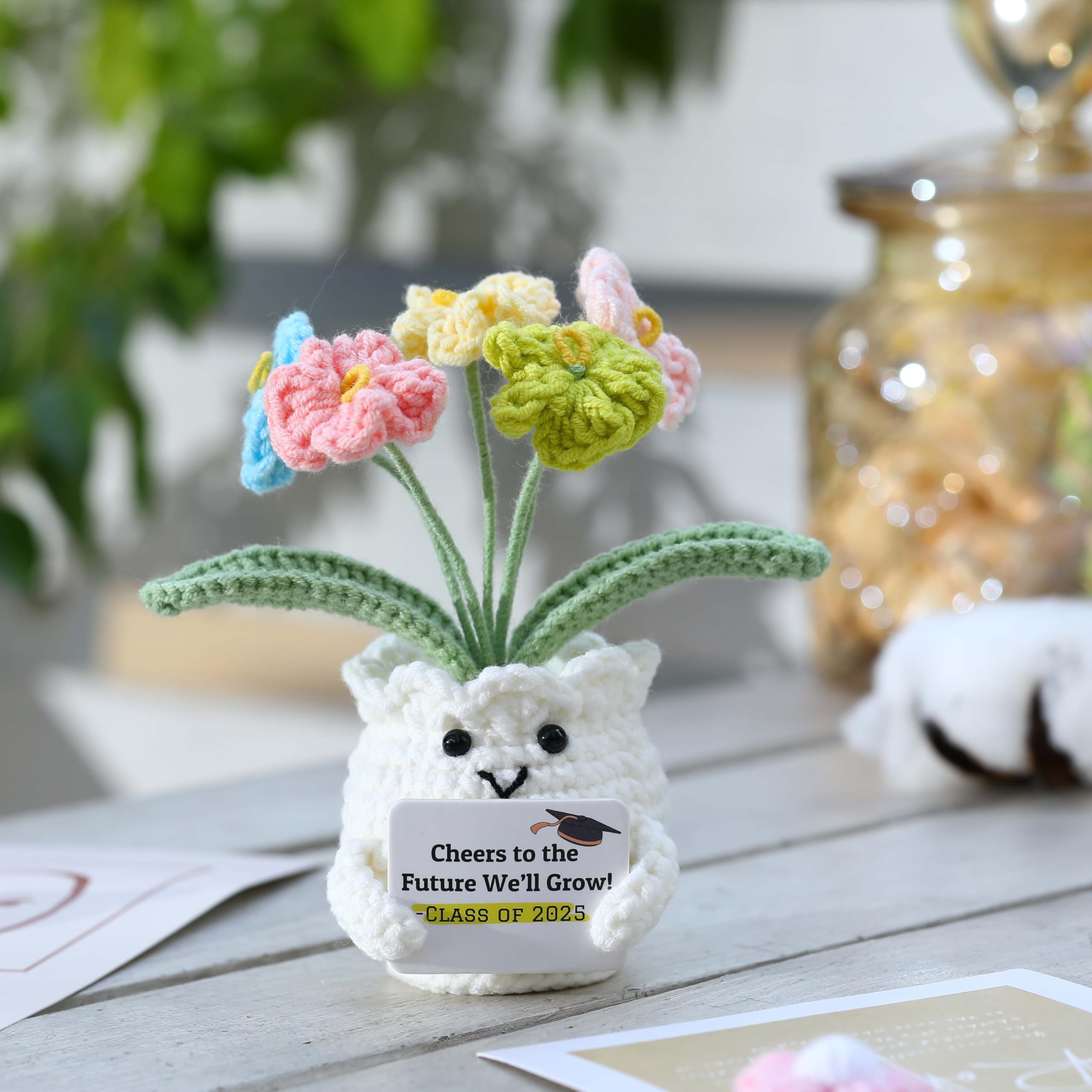 Crochet Flower Pot Forget-me-not Pink Thank You Crochet Gifts for Women Coworker Graduation & Mother's Day Gift Pink Crochet Potted Flower for Women Teacher| Handmade Knitted Potted Plant